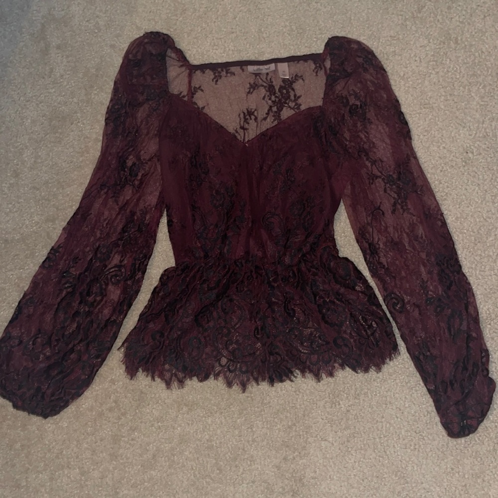 Lace, chiffon blouse, marroon and black flower patter.